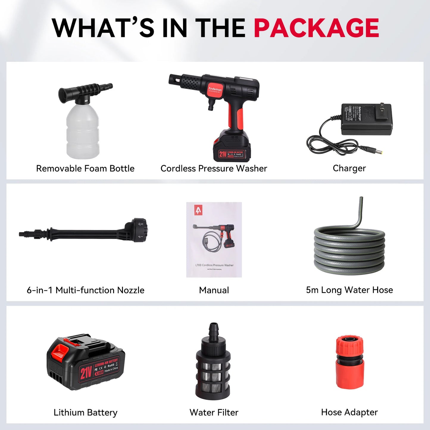 Andeman Battery Pressure Washer, Portable Pressure Washer, 6-in-1 Multi Spray Nozzle, 5 m Hose for Car, Patio, Garden