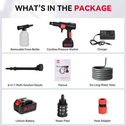 Andeman Battery Pressure Washer, Portable Pressure Washer, 6-in-1 Multi Spray Nozzle, 5 m Hose for Car, Patio, Garden