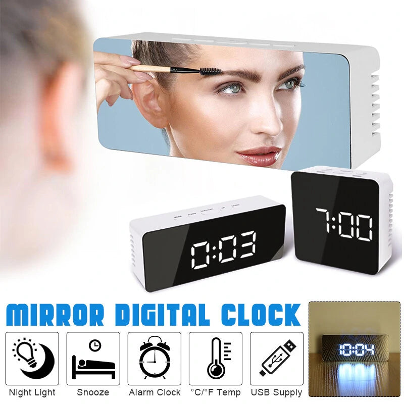 Digoo Wireless USB Mirror Alarm Clock LED Digital Therometer Temperature Night Mode Black DG-DM1