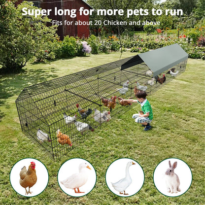 Metal Chicken Coop, 21ft x 3.5ft Chicken Run Pen for Yard with Cover Outdoor Metal Portable Chicken Tractor Cage Enclosure Crate Outside for Small Animals Duck Rabbit Hen