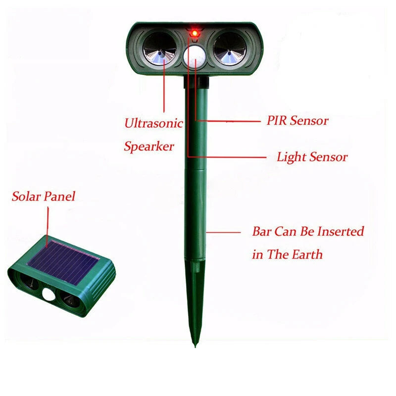 Ultrasonic Solar Power Pest Animal Repeller Repellent Cat dog Bird Mouse Fox