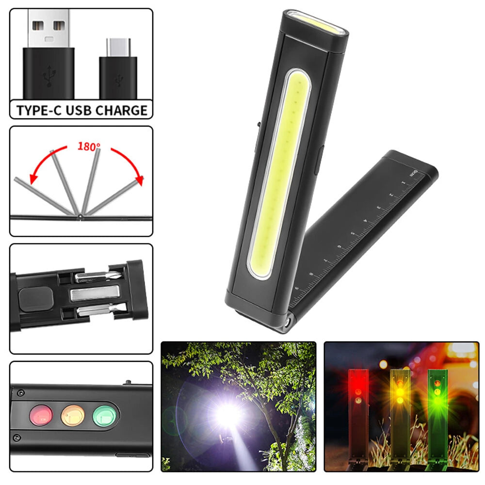 Multifunctional Foldable Flashlight With RGB Light Built-in Battery Magnetic Rechargeable Work Light Clip Emergency Repair Lamp For Outdoor Hiking Camping