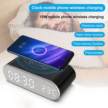 LED Mirror Digital Alarm Clock Support Phone Wireless Charging 2 Alarm Group Snooze Function Real-Time Temperature