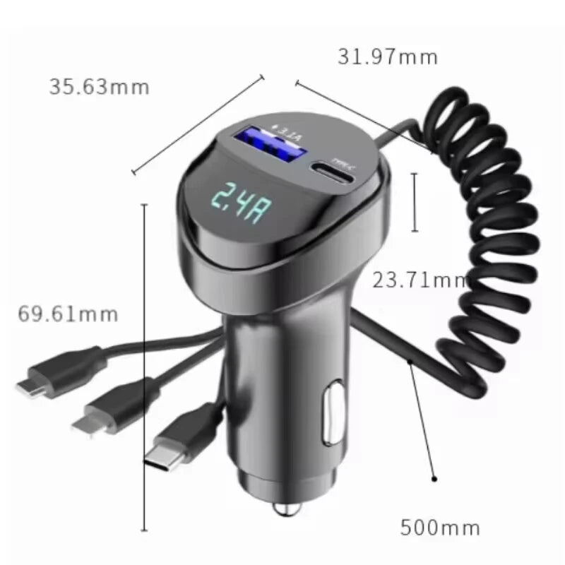 3 In 1 Car Multi-function 2 Ports 55W USB Car Charger Fast Charging USB Retractable Charging Cable with Voltage Display