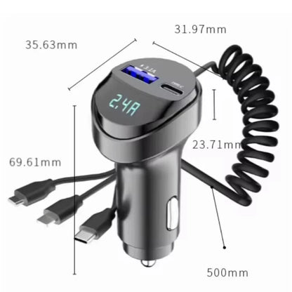 3 In 1 Car Multi-function 2 Ports 55W USB Car Charger Fast Charging USB Retractable Charging Cable with Voltage Display