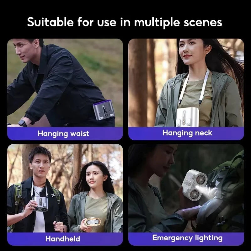 Dual Air Duct Waist-hanging Fan 100 Speeds Wind Clip 6000mAh Rechaegeable Air Cooling Brushless Fan Light Outdoor Lanyard Fan