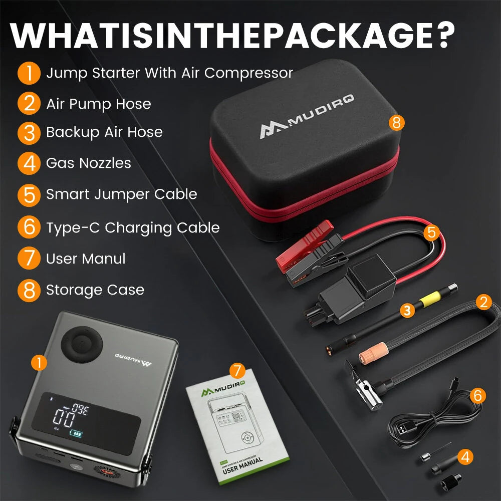 MUDIRO M-JC6 7000A Car Jump Starter with Air Compressor 150PSI PD65W Fast Charge 2 LED Lights Smart Display for Cars Motorcycles 10L Diesel Engines