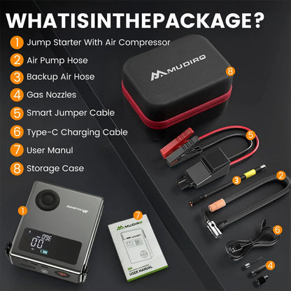 MUDIRO M-JC6 7000A Car Jump Starter with Air Compressor 150PSI PD65W Fast Charge 2 LED Lights Smart Display for Cars Motorcycles 10L Diesel Engines