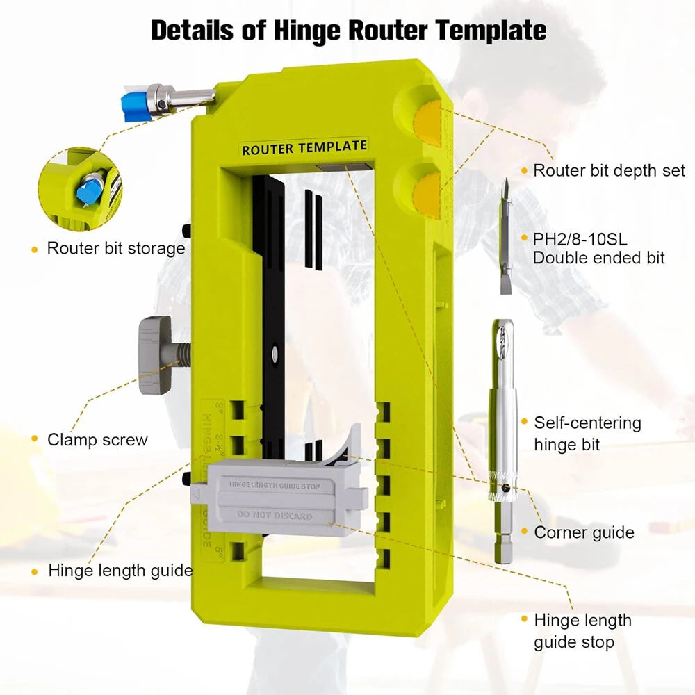 Door Hinge Mortiser Hinge Installation Kit Router Template fits 3in to 5in Hinges Square Semidiameter Corners Adjustable Depth Easy to Use Plastic Construction