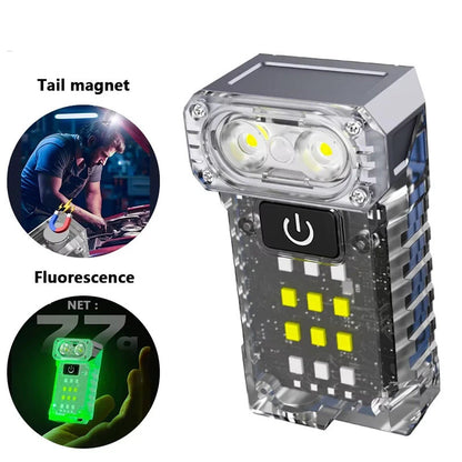 90 Rotatable Dual Light Source Mini LED Flashlight with UV Light COB Sidelight Fluorescent Shell Magnet Tail, USB Rechargeable Pocket Torch Light, Hat Clip Light, Power Display, Portable Work Light for Camping Fishing Walking