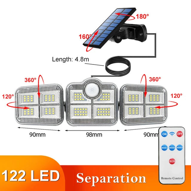 Elfeland 108/122/138/171 LED Solar Lights 3 Head Motion Sensor 270 Wide Angle Illumination Outdoor Waterproof Remote Control Wall Lamp
