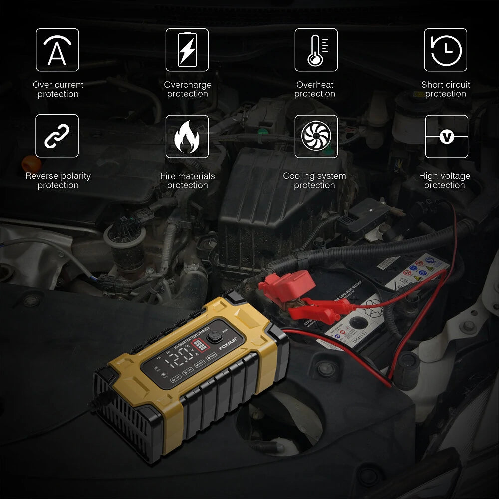 FOXSUR 12V 24V 10A Battery Charger with Intelligent Repair Screen Display for Cars and Motorcycles