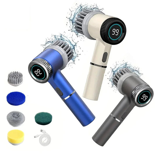 5 in1 Portable Electric Cleaning Brush 5W 1200mAh Rechargeable 3-Speed Adjustable 1600/2000/2400 RPM Cordless Multi-functional Kitchen Dish Scrubber with LED Indicator and USB Charging