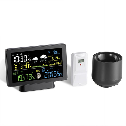 Multi-function Professional Weather Station Alarm Clock Wireless Indoor Outdoor Thermometer With Rain Gauge/ Temperature/  Humidity/ Rainfall Monitoring/ Atmospheric Pressure Intelligent Color Screen Clock