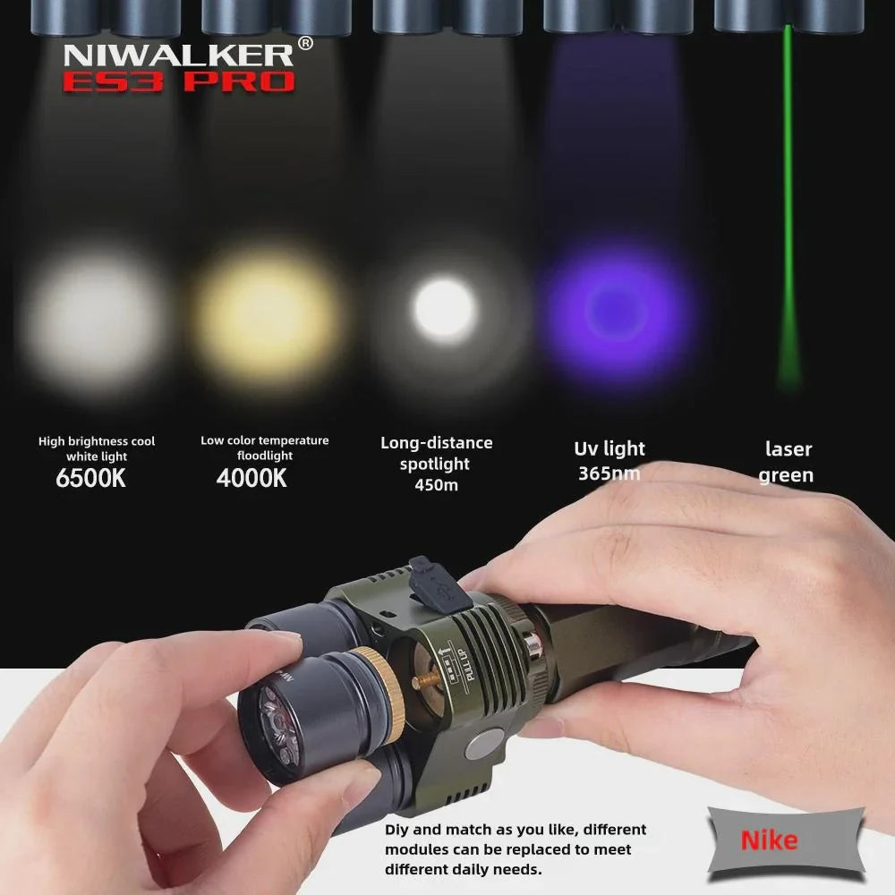 Niwalker ES3 Pro 3500LM CW & NW Multipurpose Powerful 21700 Flashlight Type-C Rechargeable Multi Light Sources Strong Light LED Torch