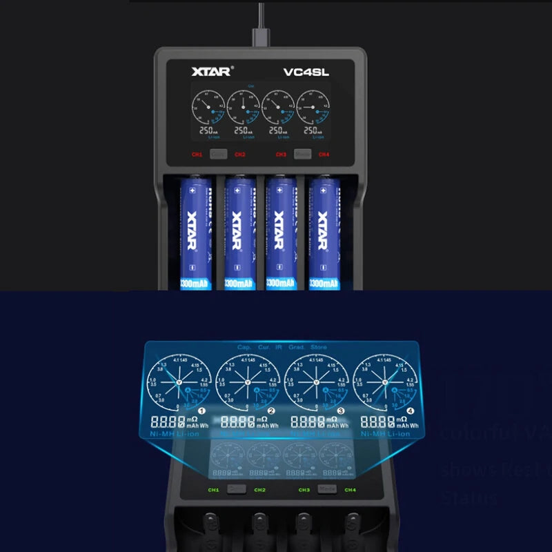 XTAR VC4SL QC3.0 LCD Screen Display 3.6V/3.7V/1.2V Li-ion Battery Charger 4-Slots Type-C Fast Charging Current Optional for 18650/21700 AAA AA Battery