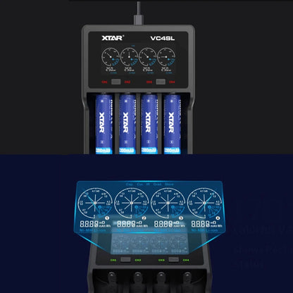 XTAR VC4SL QC3.0 LCD Screen Display 3.6V/3.7V/1.2V Li-ion Battery Charger 4-Slots Type-C Fast Charging Current Optional for 18650/21700 AAA AA Battery
