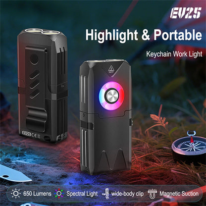 SEEKNITE EV15 650 Lumens Portable Outdoor Emergency Magnetic EDC Flashlight - White Light + RGB Aluminum Alloy Keychain Light with Type-C Rechargeable LED Keychain Light
