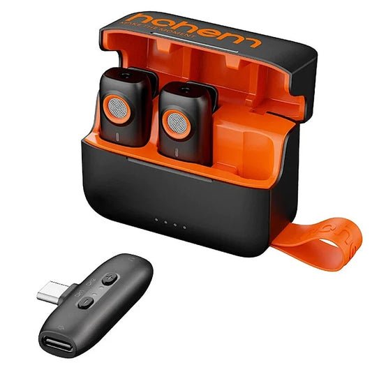 Hohem MIC-01 1-to-2 Wireless Lavalier Microphone CD Lossless Sound 360 Omnidirectional Sound Pickup Noise Cancelling Recording Live Streaming Mic with Backup Stroage Plug and Play for iPhone Android MFI Certificated