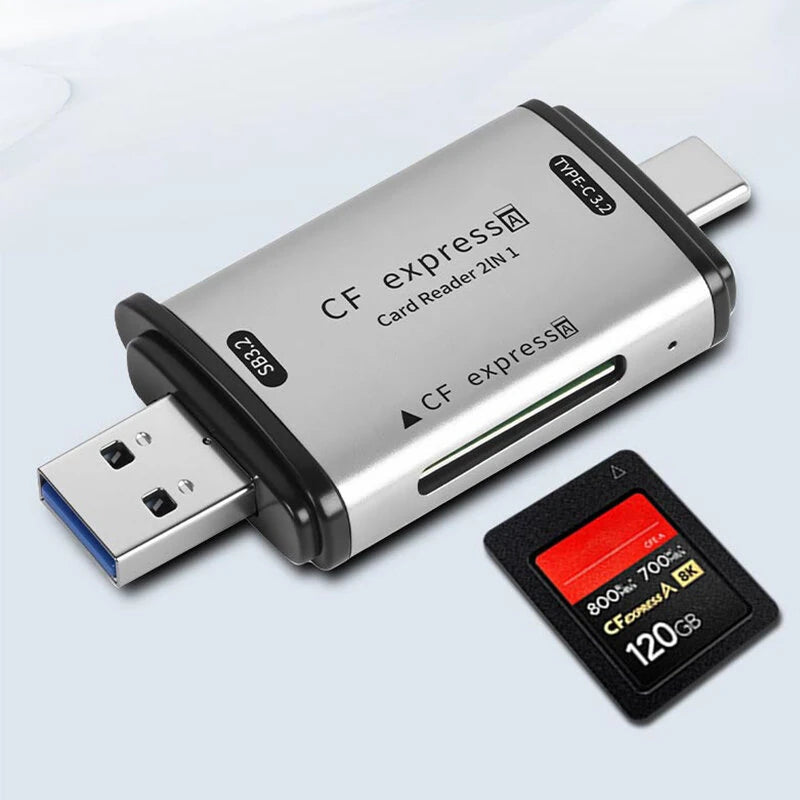USB3.2 Gen2 CFExpress Card Reader 10Gbps High Speed 2 in 1 USB & Type-C Memory Card Reader Zinc Alloy Portable Design for Smartphone PC Computer Plug and Play