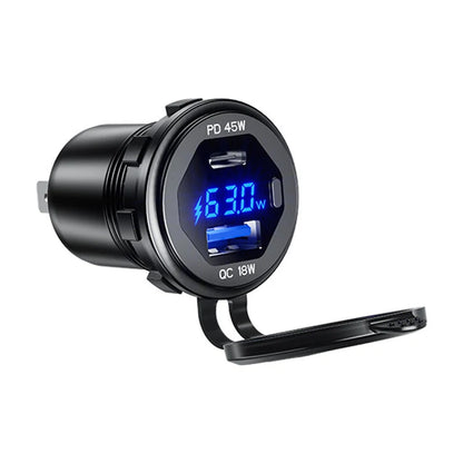 12-24V 63W Metal Car Charger Socket 45W PD + 18W QC3.0 with LED Voltage/Power Display ON/OFF Switch for SUV Motorcycle Truck Boat ATV
