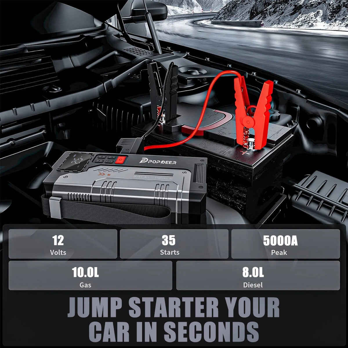 [EU Direct] POPDEER PD-JA1 20000mAh 5000A Professional Portable Car Jump Starter with Air Compressor suitable for gas engines up to 10.0L and 8.0L diesel engines