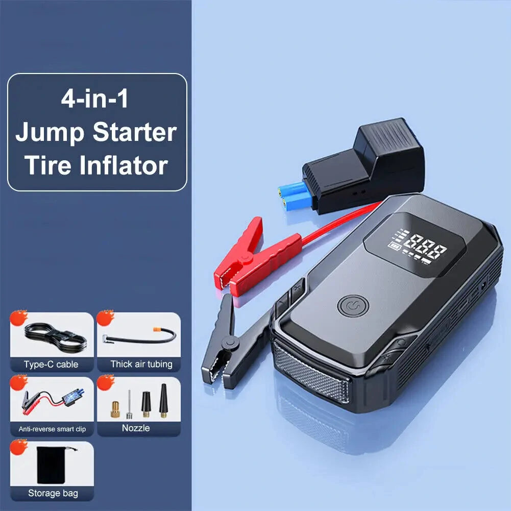 Car Jump Starter with Air Compressor Portable Booster Charger 1200A Powerful Battery Starting Device with Flashlight Tire Inflator