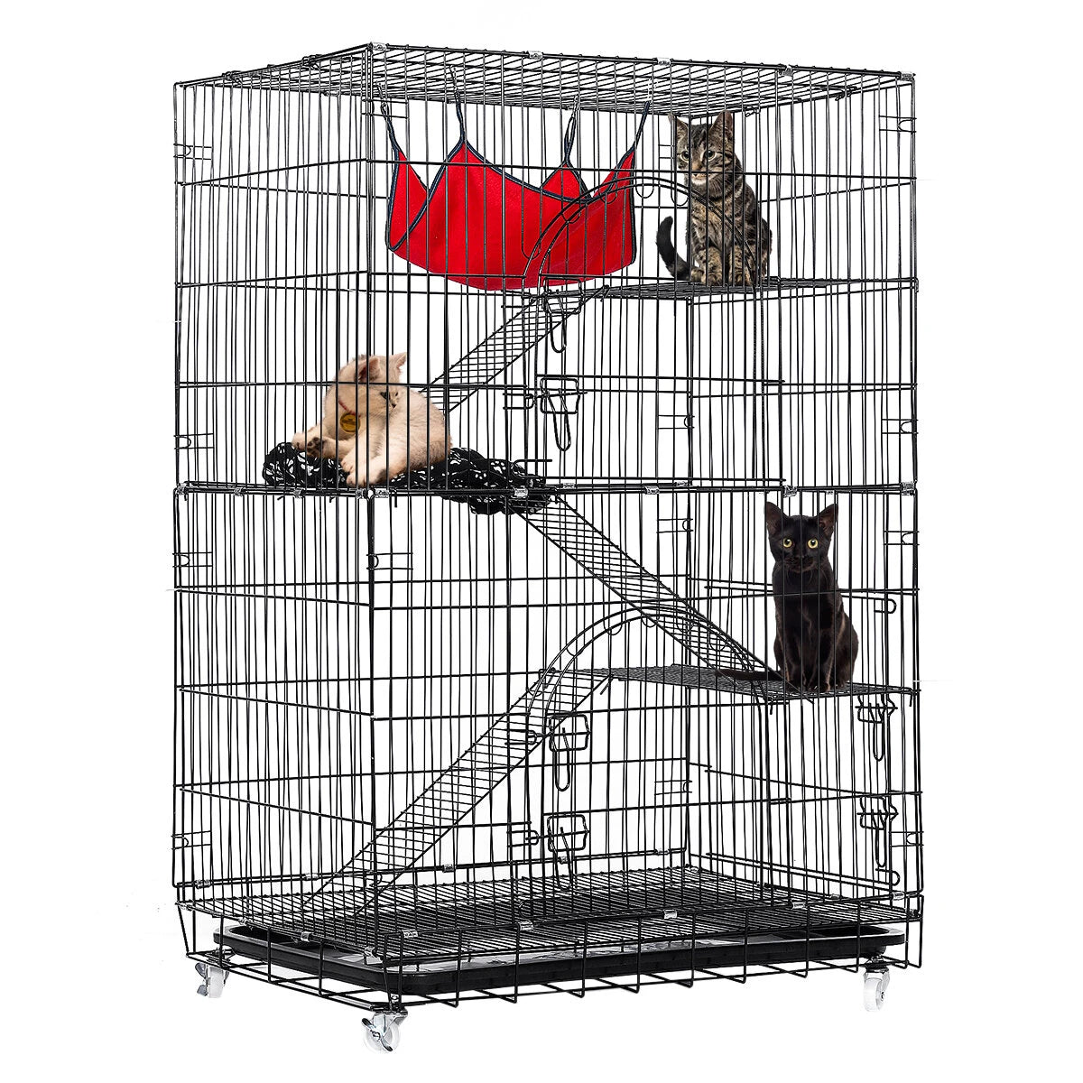 PawGiant 4-Tier Cat Cage, Cat Playpen Kennel Crate Chinchilla Rat Box Cage Enclosure with Ladders, Platforms Beds, Latches Tray Hammock