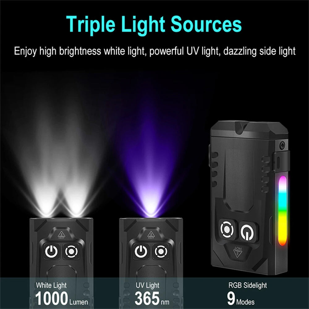 SEEKNITE EV15S 1000LM EDC Keychain Flashlight With 365nm UV Light Colored Sidelight Type-C Charging Super Bright Mini LED Torch Clip-on Light RGB Lamp Pocket Lantern