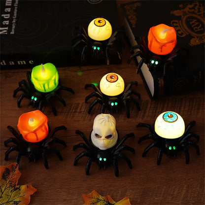 Elfeland 12PCS Halloween Spider Tea Lights with Glowing Eyes LED Flameless Spider Candle Halloween Decors with Skull & Eye Designs for Party Home Scary Atmosphere