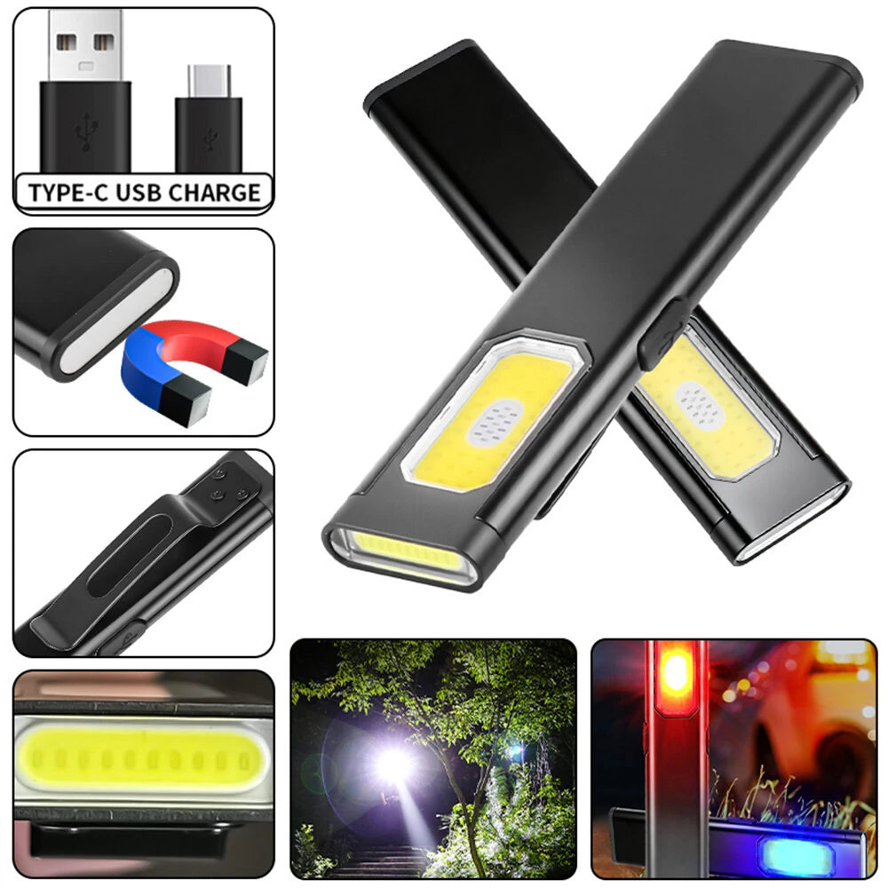 Multi-functional Super Bright LED Mini Flashlight Dual Source USB Rechargeable Work Lamp High Brightness For Camping Hiking Magnetic Back Clip Light for Work Emergency
