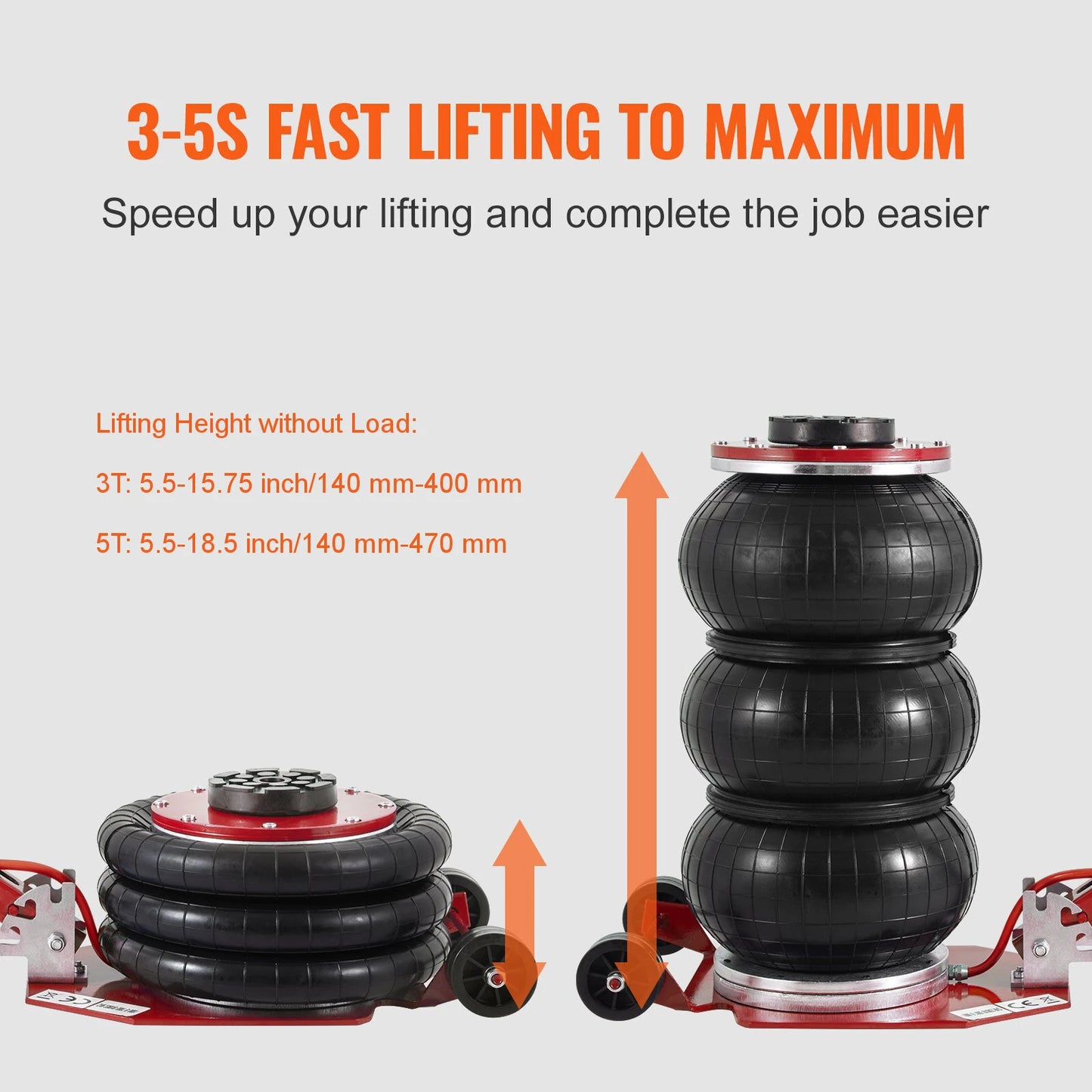 Mudiro Air Jack 3 Ton 6600 lbs / 5 Ton 11000 lbs Air Bag Jack with Six Steel Pipes 15.75 inch/400 mm / 18.5 inch/470 mm Lift up Fast Lifting Pneumatic Jack with Adjustable Long Handle for Cars Garages Repair