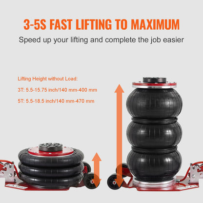 Mudiro Air Jack 3 Ton 6600 lbs / 5 Ton 11000 lbs Air Bag Jack with Six Steel Pipes 15.75 inch/400 mm / 18.5 inch/470 mm Lift up Fast Lifting Pneumatic Jack with Adjustable Long Handle for Cars Garages Repair