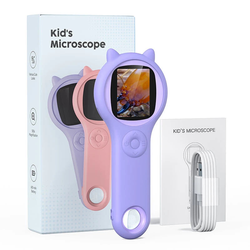 600mAh 500X Children's HD IPS Microscope Plant Specimen Magnifier Portable Microscope for Children Aged 8-12