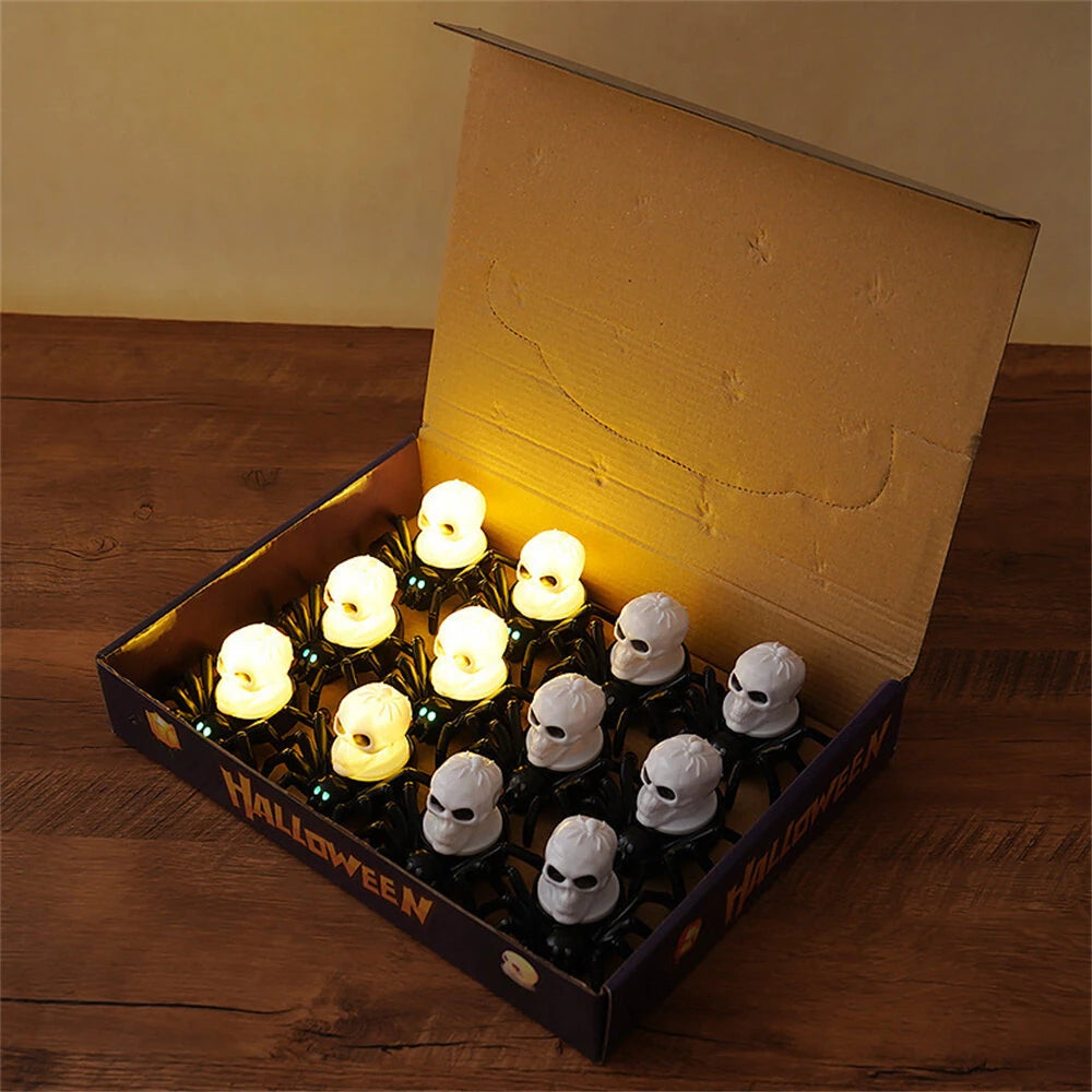 Elfeland 12PCS Halloween Spider Tea Lights with Glowing Eyes LED Flameless Spider Candle Halloween Decors with Skull & Eye Designs for Party Home Scary Atmosphere
