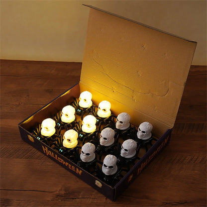 Elfeland 12PCS Halloween Spider Tea Lights with Glowing Eyes LED Flameless Spider Candle Halloween Decors with Skull & Eye Designs for Party Home Scary Atmosphere