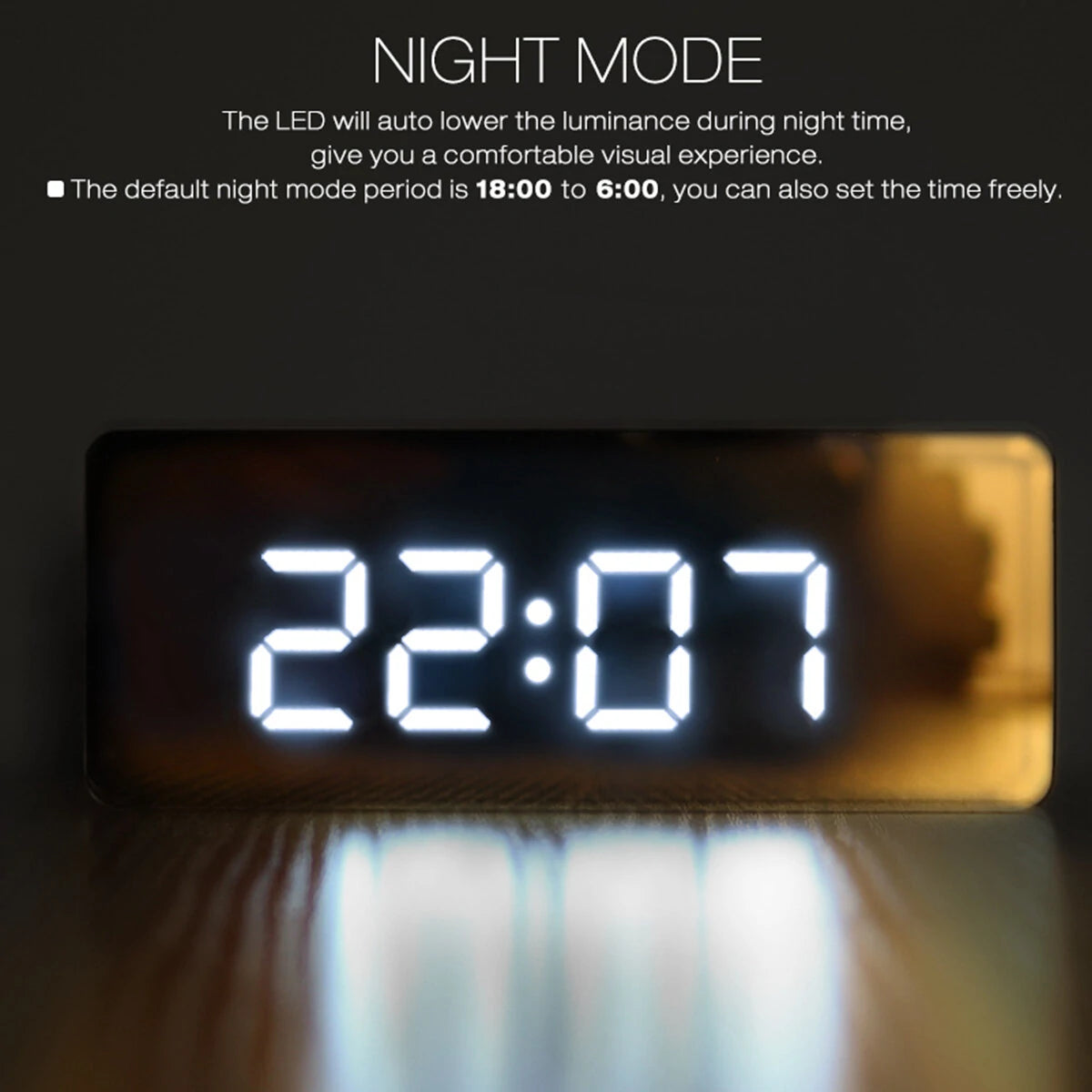 Digoo Wireless USB Mirror Alarm Clock LED Digital Therometer Temperature Night Mode Black DG-DM1