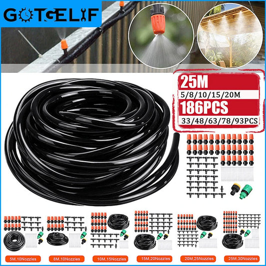 Adjustable Water Misting Cooling Irrigation System Kit Tubing Hose 5M/8M/10M/15M/20M/25M with Mist Nozzle Sprinkler