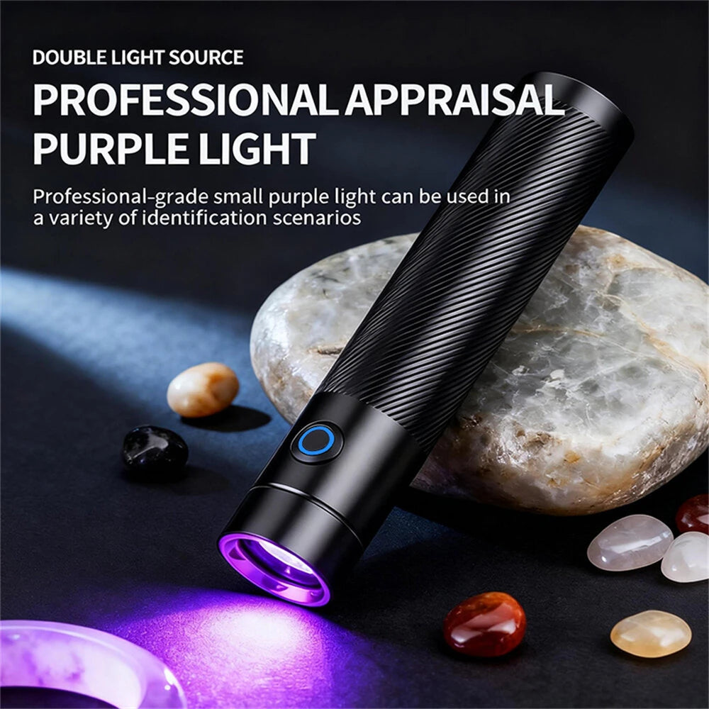365NM UV MINI Flashlight Black Mirror Purple Light+ Red Beam Type C Rechargeable Filtered LED Ultraviolet Mini Torch Pet Pee Urine Rocks Gem Money UV Light