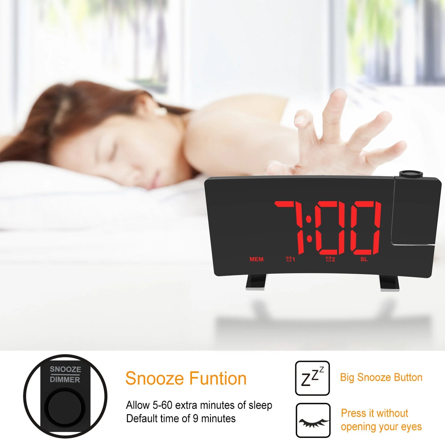 AGSIVO 8 Inch Projection Alarm Clock with 180 Rotatable Projector / FM Radio / Snooze / 3-Level Brightness Dimmer / Curved Clear LED Display / USB Charger For Bedroom Living Room