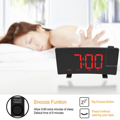 AGSIVO 8 Inch Projection Alarm Clock with 180 Rotatable Projector / FM Radio / Snooze / 3-Level Brightness Dimmer / Curved Clear LED Display / USB Charger For Bedroom Living Room