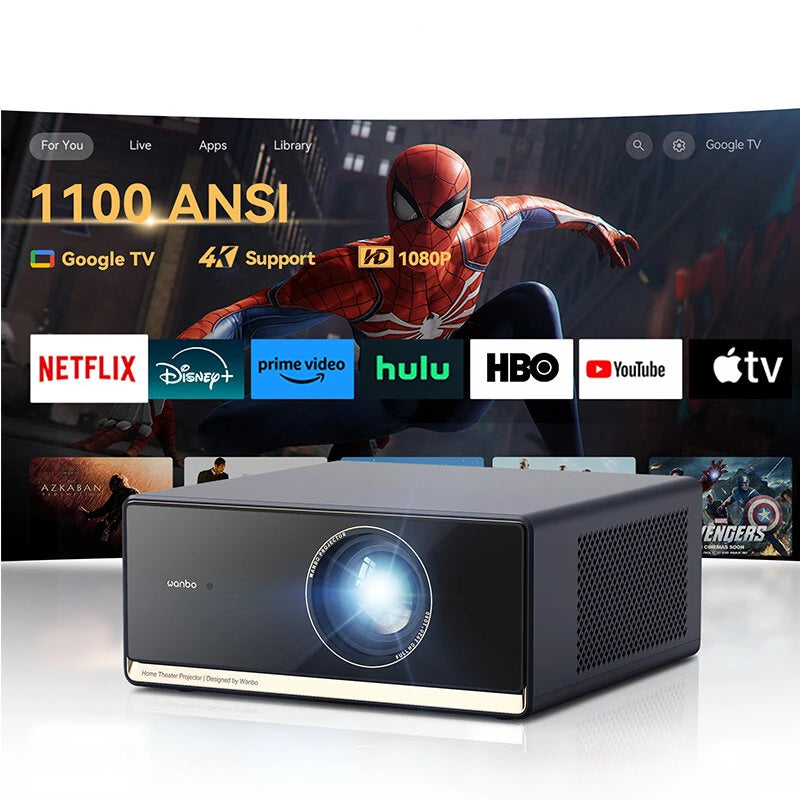[Netfilx & Google TV Certified]Wanbo X5 Pro 1080P LCD Projector 1100 ANSI Lumens Google TV Integration Auto Focus Keystone Correction 4K Supported Dual Band WiFi 2+16G Built-in Dual 5W HiFi Speakers Home Theater Cinema