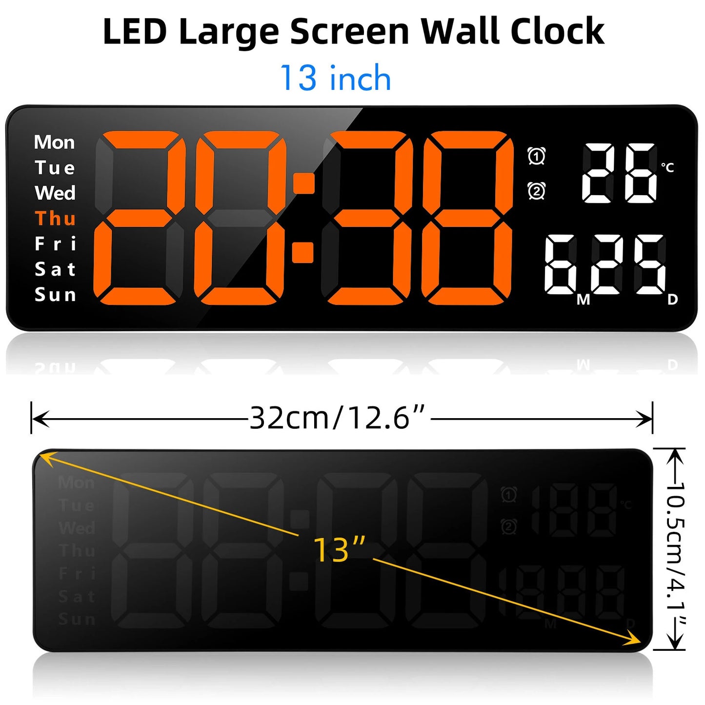 AGSIVO 13 Inch Digital Wall Clock Large LED Display with Remote Control / Automatic Brightness / Indoor Temperature / Date / Week / 12/24H For Home Office Classroom