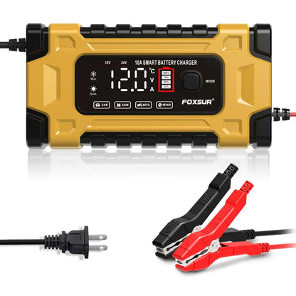 FOXSUR 12V 24V 10A Battery Charger with Intelligent Repair Screen Display for Cars and Motorcycles