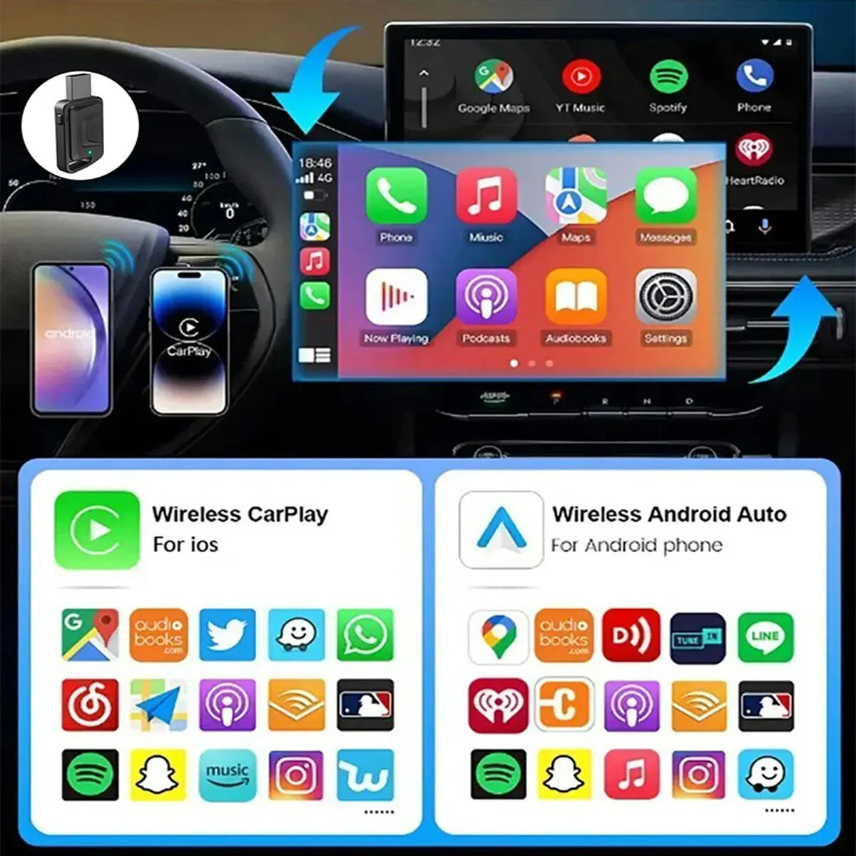 iMars Wired To Wireless Carplay Converter 4.2 Bluetooth Wireless CarPlay Adapter 2.4GHz+5.8GHz Dual-Band Low Latency Plug & Play Supports OTA Upgrades