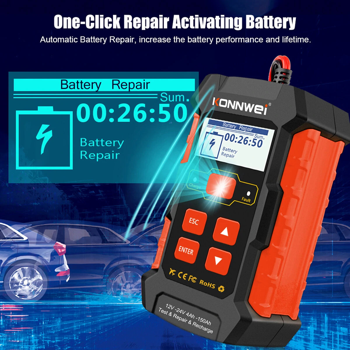 KONNWEI KW520 12V 24V Professional Car Battery Charger Repairer Diagnostic Tool Tester 3 In 1 EU Plug