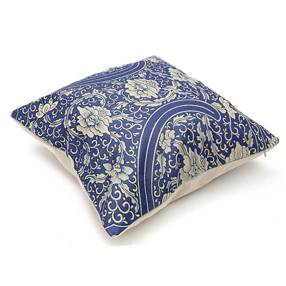 45x45cm Vintage Oriental Retro Blue Floral Linen Pillow Case Cushion Cover Home Decor