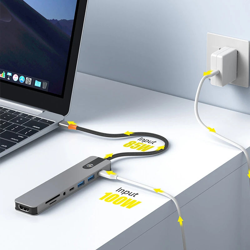 8-in-1 Type-C Docking Station USB Adapter with USB3.0*2 / Type-C 3.0 / PD100W / 4K60Hz HD / 3.5mm Audio / SD/TF Card Reader Slot Multiports USB Hubs