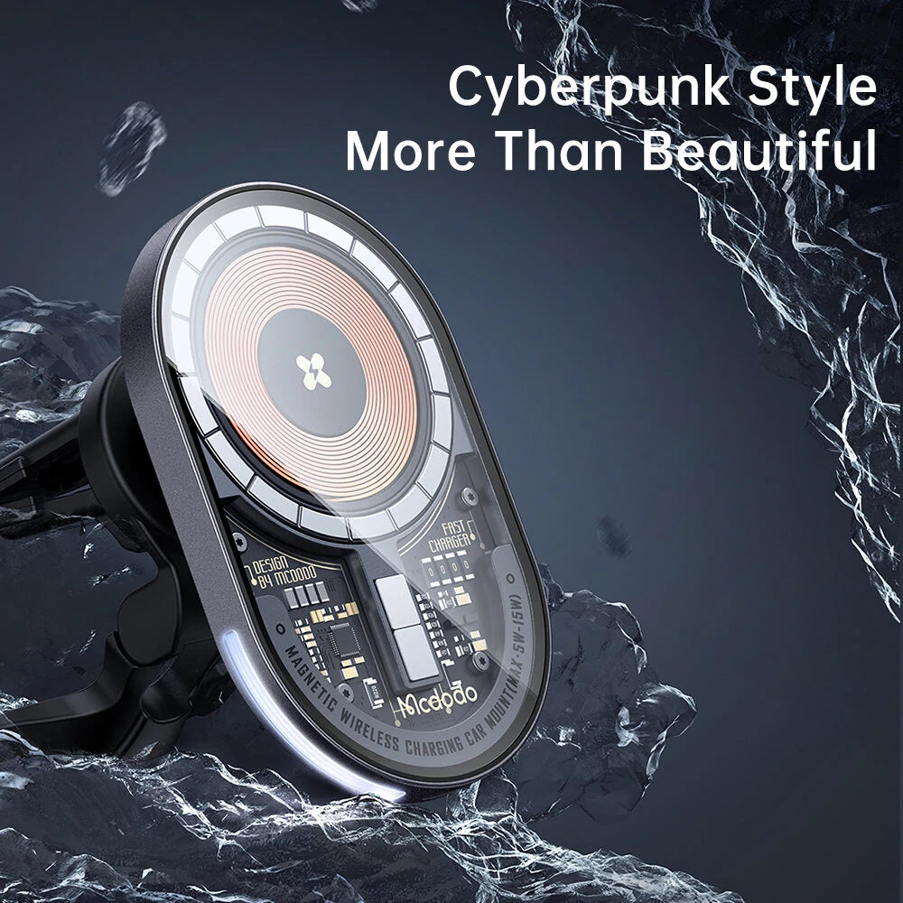 Mcdodo 15W Magnetic Wireless Charger Car Mount PD3.0 QC3.0 Fast Charging Transparent 360 Rotation Breathing Light