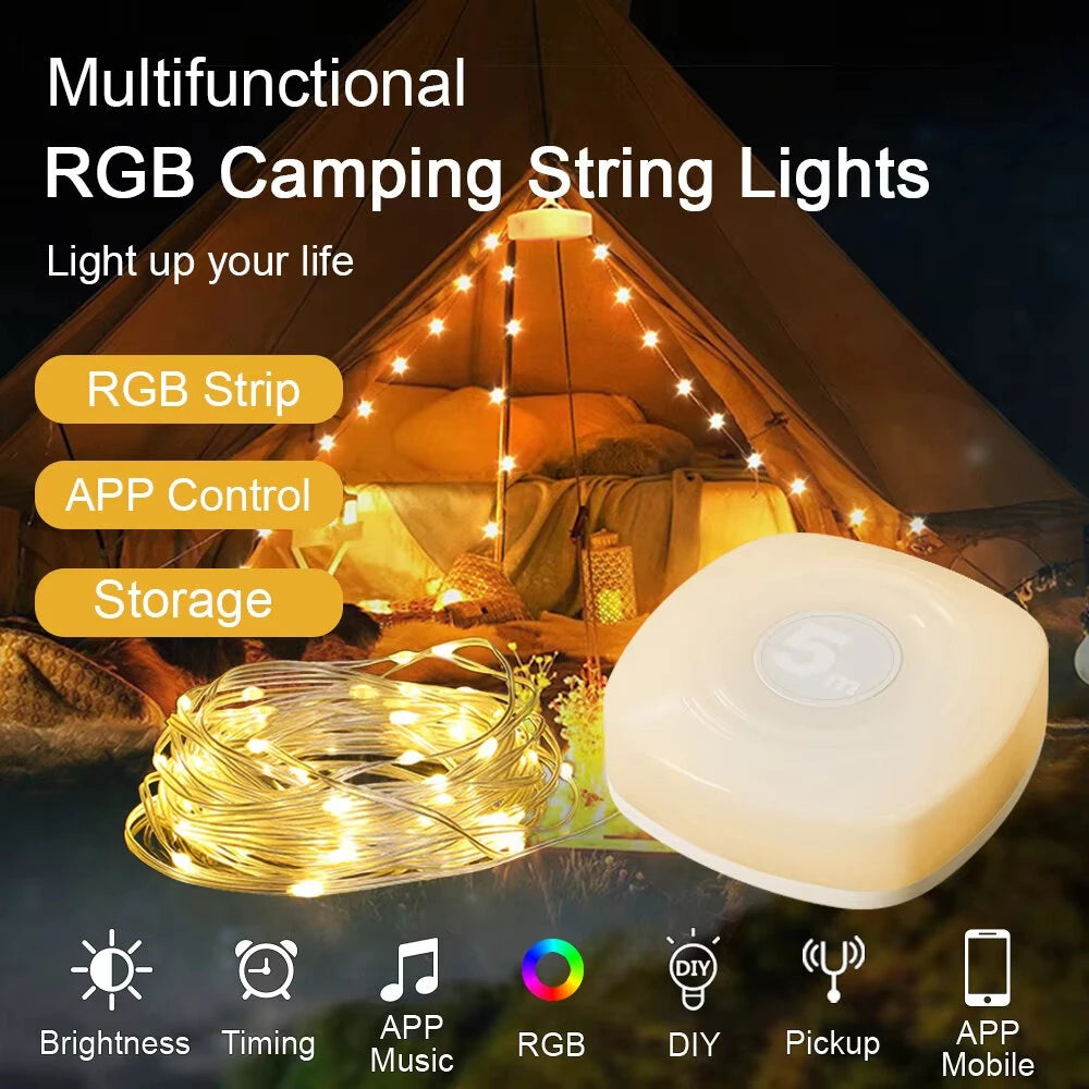 Elfeland 5m Smart Camping Light Strip APP Control Rechargeable Waterproof LED Night Light 16M Colors Music Sync Timer Portable Outdoor Lamp